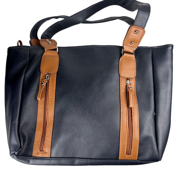 Navy & Brown Faux Leather Large Tote Bag with 2 Zip Pockets in Front - Picture 1 of 5